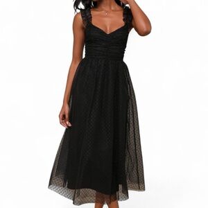 Lulus Black Polka Dot Ruched Tulle Mesh A Line Midi Dress XS Gothic Fairy NWT